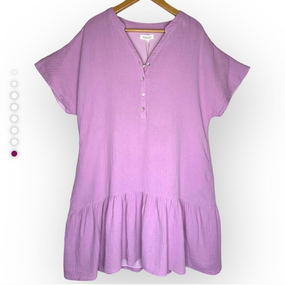 ROOLEE Short Sleeve Drop Waist Shirt Dress XL Lavender Bubble Gauze Cotton